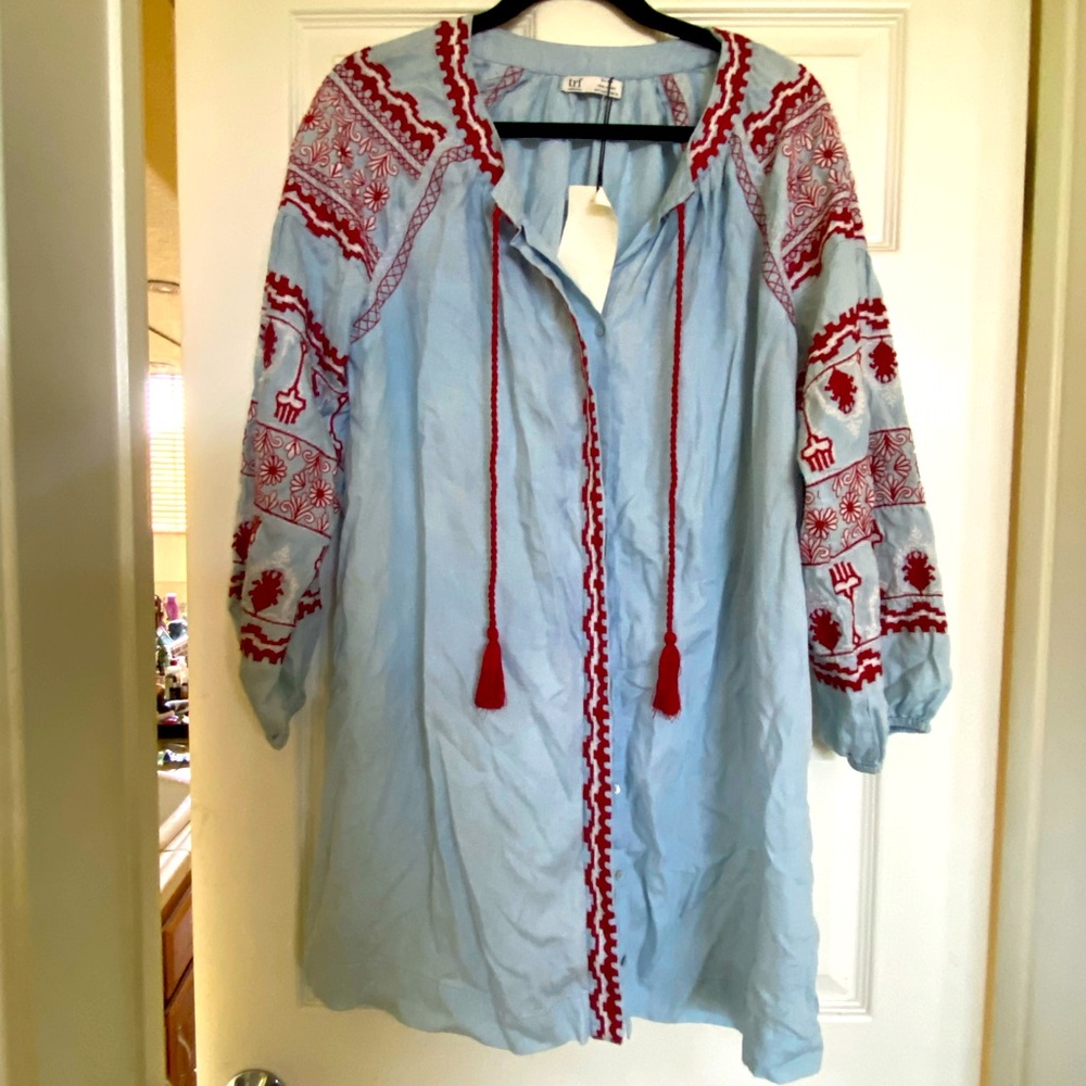 ZARA Embroidered light Blue and Red Tunic Dress.